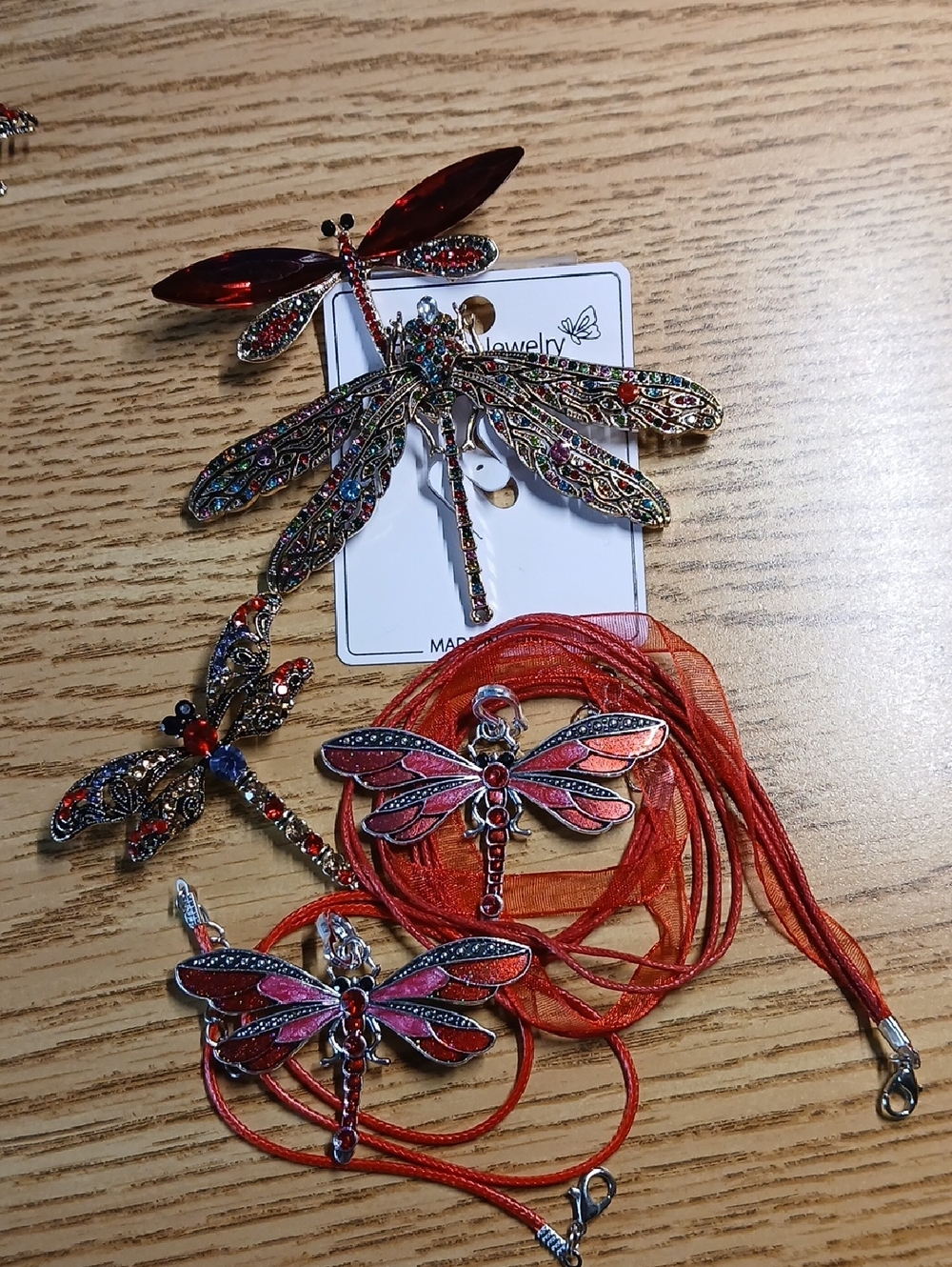 NWOT  5PC Goldtone Red Dragonfly Bundle 2 Necklaces 1 Brooch 2 Pins